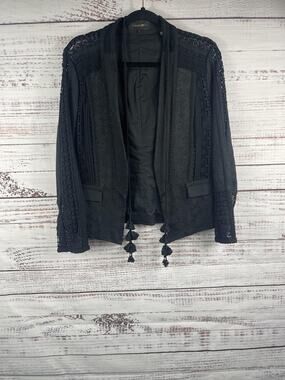 Kobi Halperin Jacket Women's M Black Linen Crochet Lace Tassel Open Front Boho